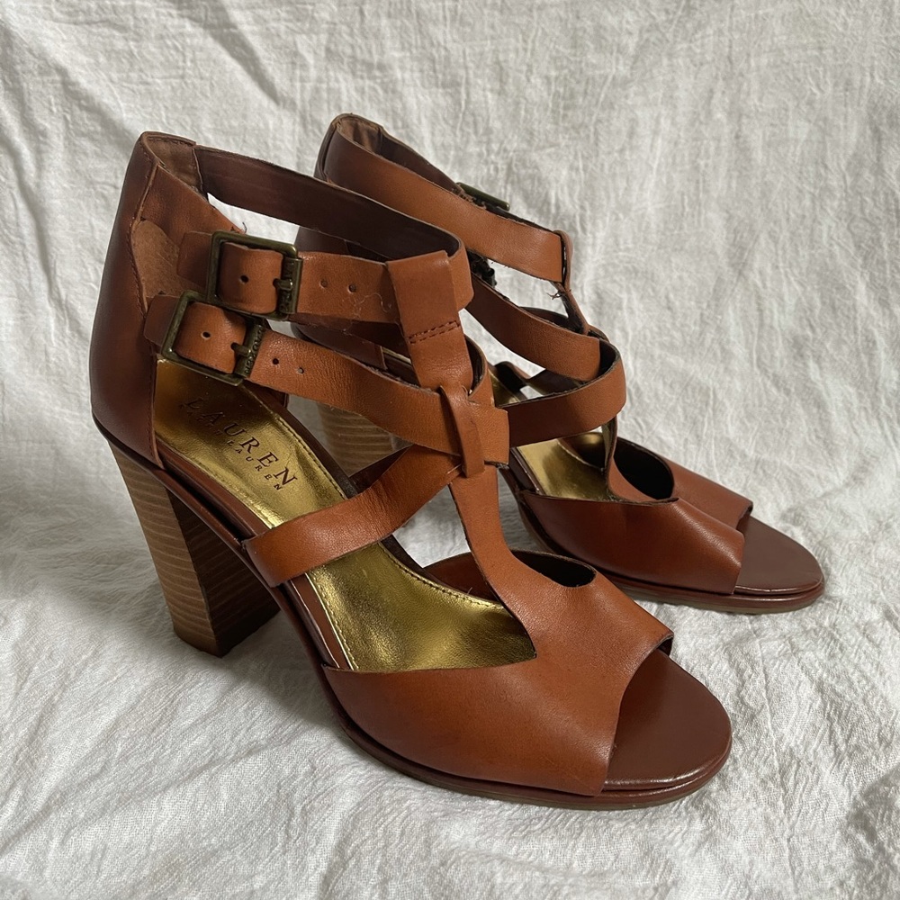 Brown wooden heel Ralph Lauren heeled sandals